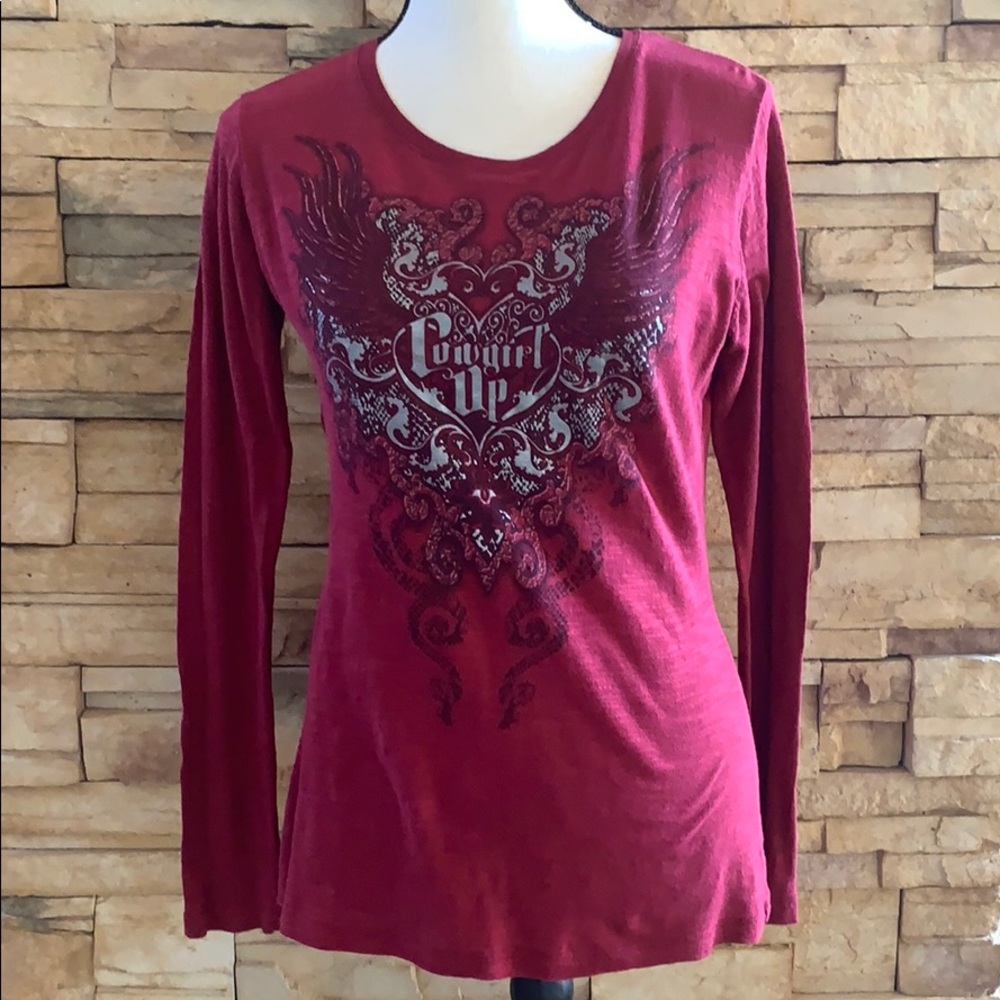 Cowgirl up Red tee with silver prints on it